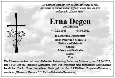 Trauerfeier von Erna Degen