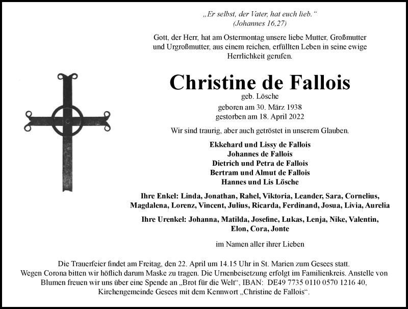 Trauerfeier von Christine de Fallois