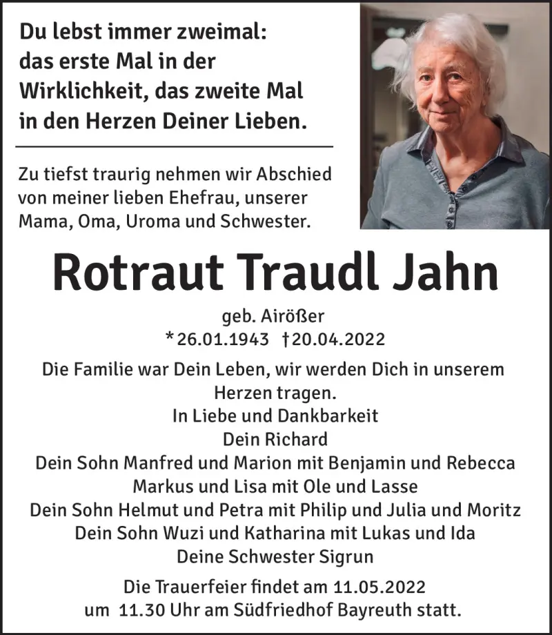 Trauerfeier von Rotraud Jahn