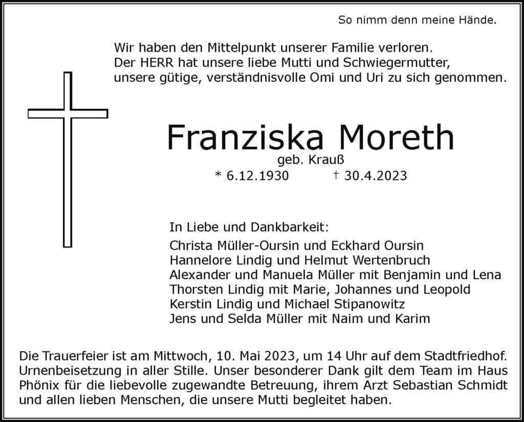 Trauerfeier von Franziska Moreth