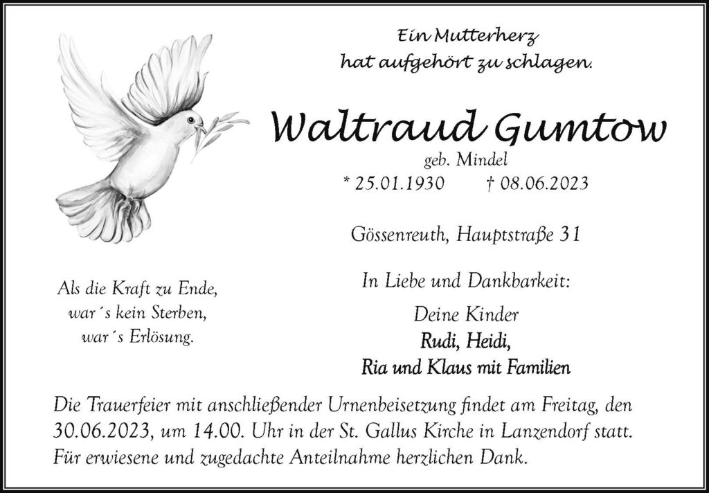 Trauerfeier von Waltraud Gumtow