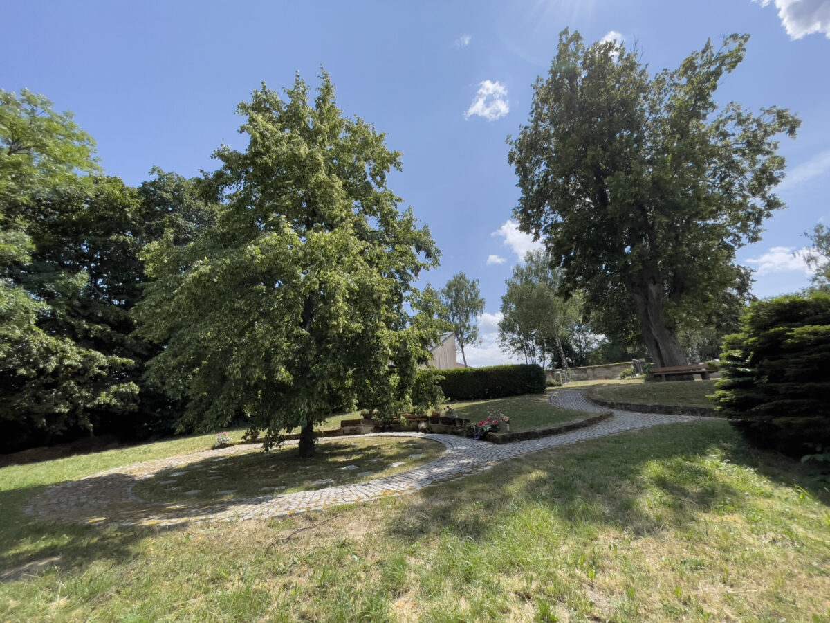 Baumgrab am Friedhof Gesees mit Wiese und Weg