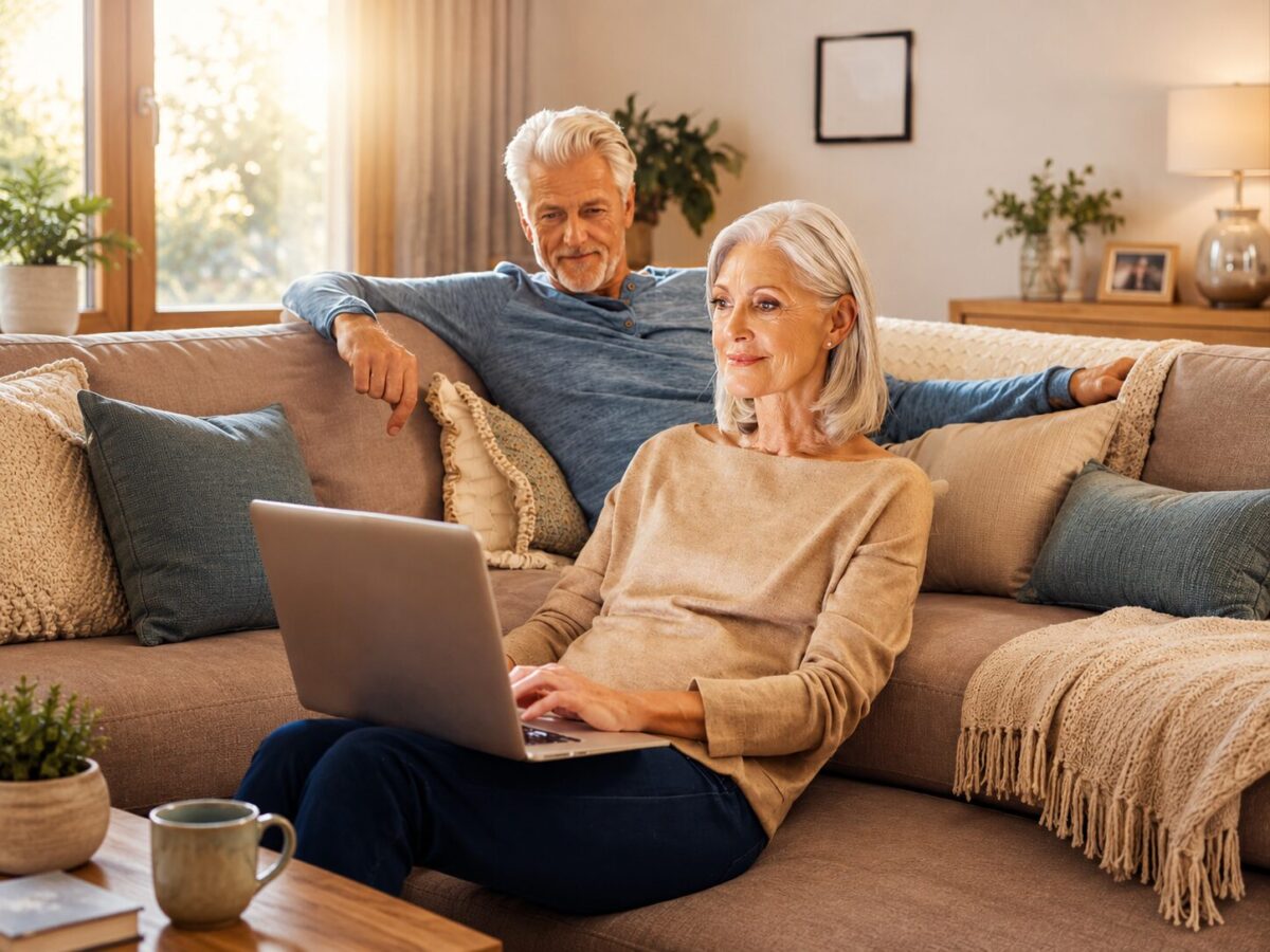 Eine ältere Frau sitzt auf einem gemütlichen Sofa und nutzt ihren Laptop für den Online-Vorsorgeberater, während ein älterer Mann lächelnd neben ihr sitzt. Das warm beleuchtete Wohnzimmer ist mit weichen Möbeln, Pflanzen und einer Kaffeetasse auf dem Tisch ausgestattet.