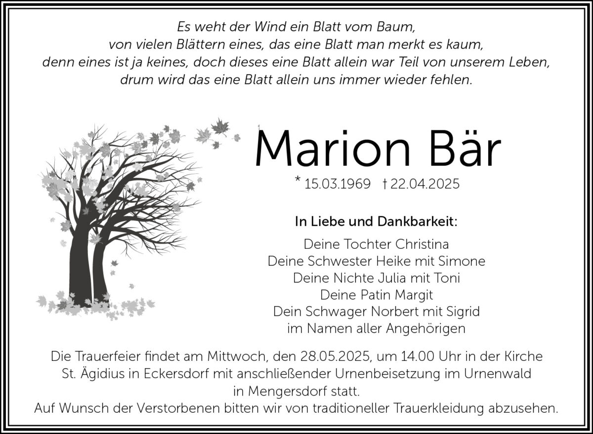 Traueranzeige Marion Bär