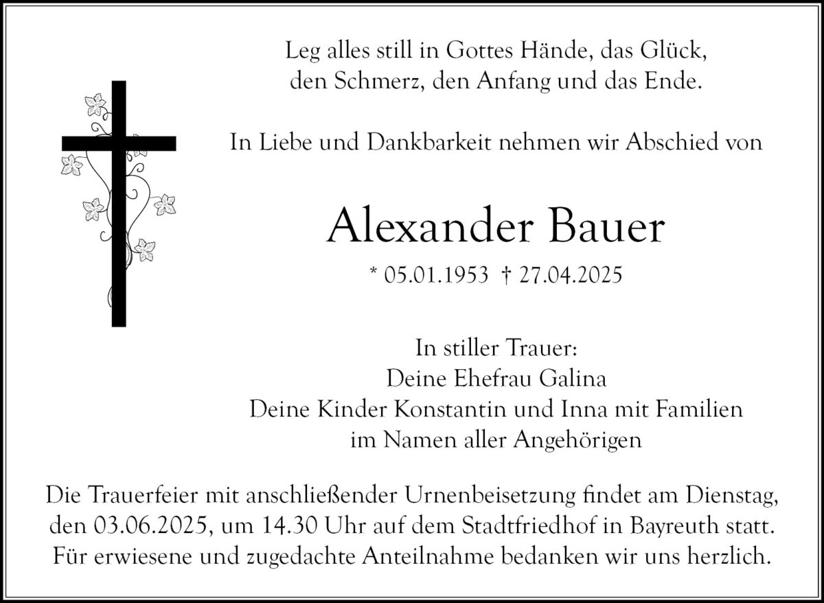Traueranzeige Alexander Bauer