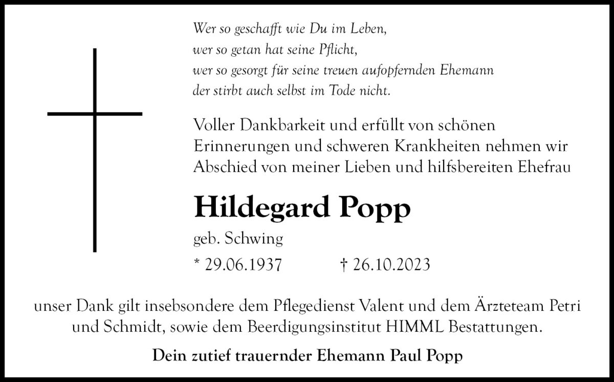Hildegard Popp Danksagungsanzeige