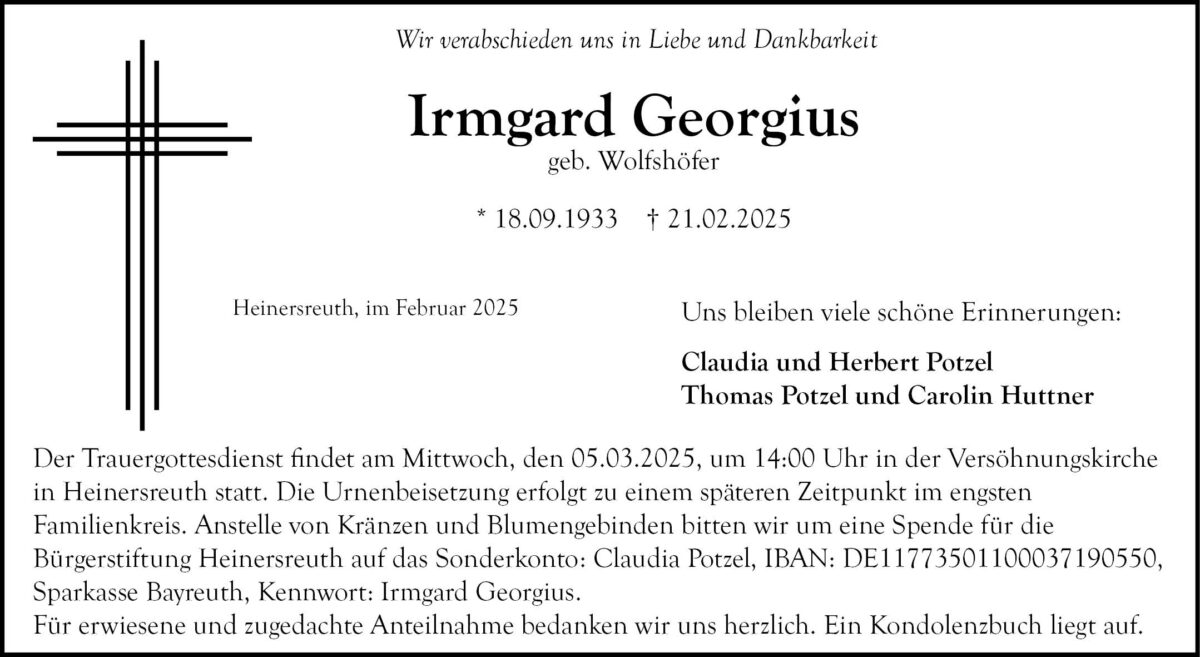 Traueranzeige Georgius Irmgard