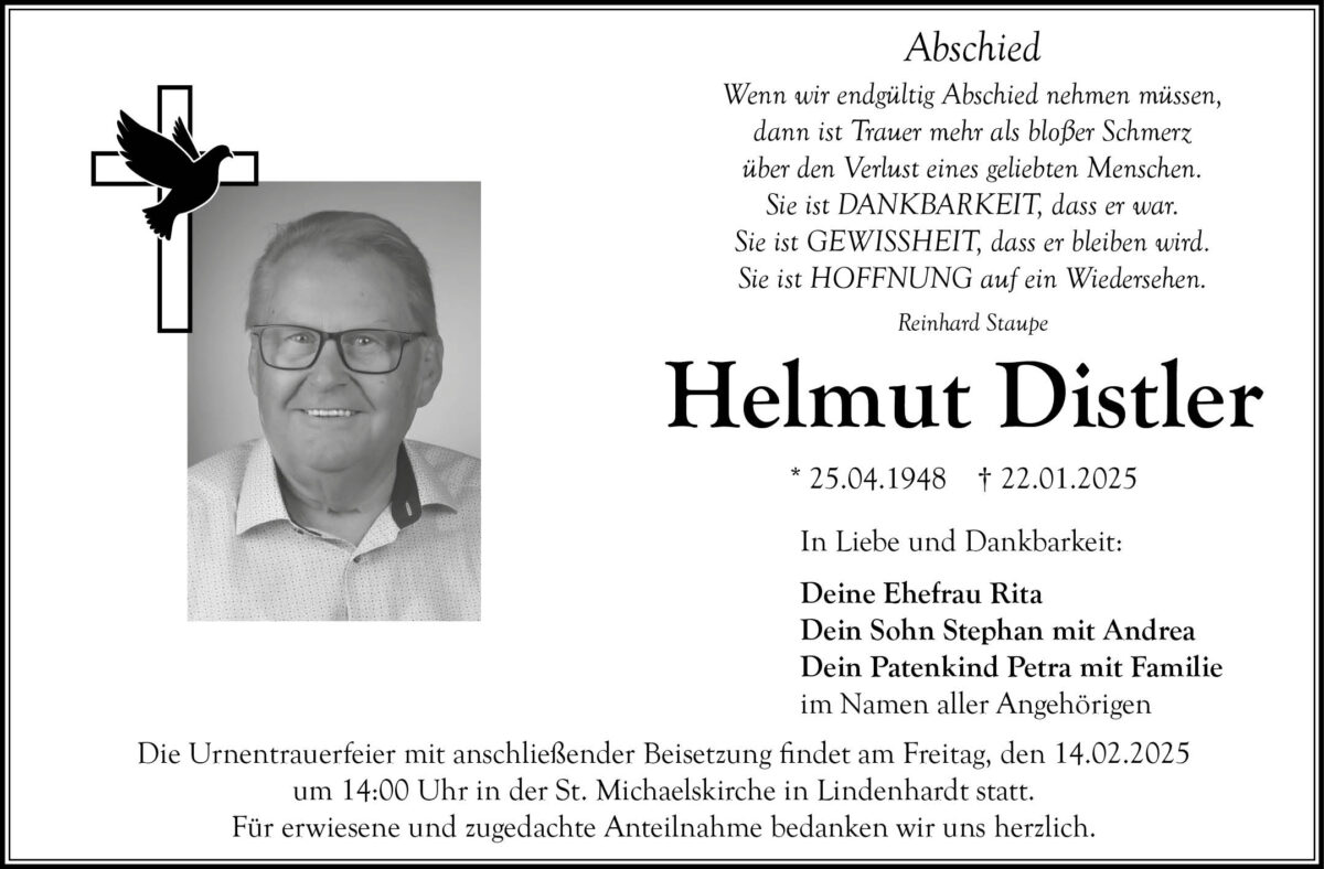 Traueranzeige Helmut Distler