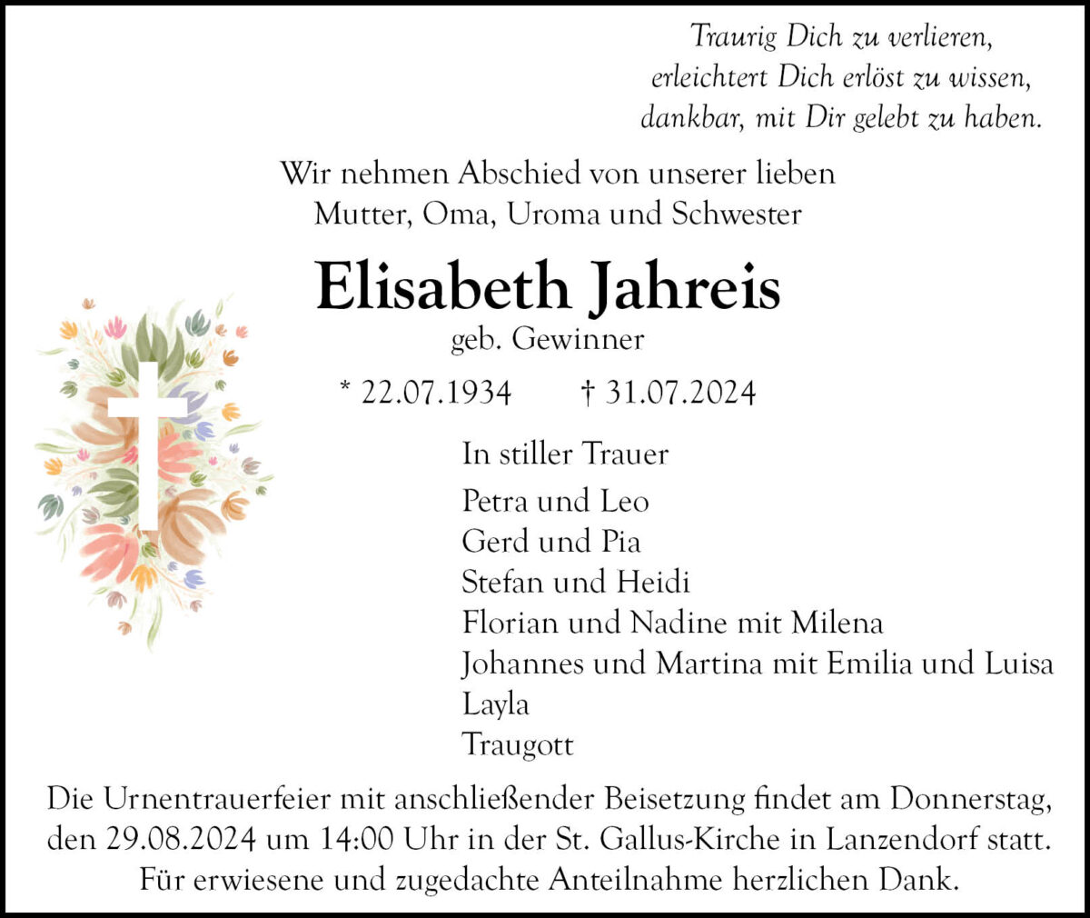 Traueranzeige Elisabeth Jahreis