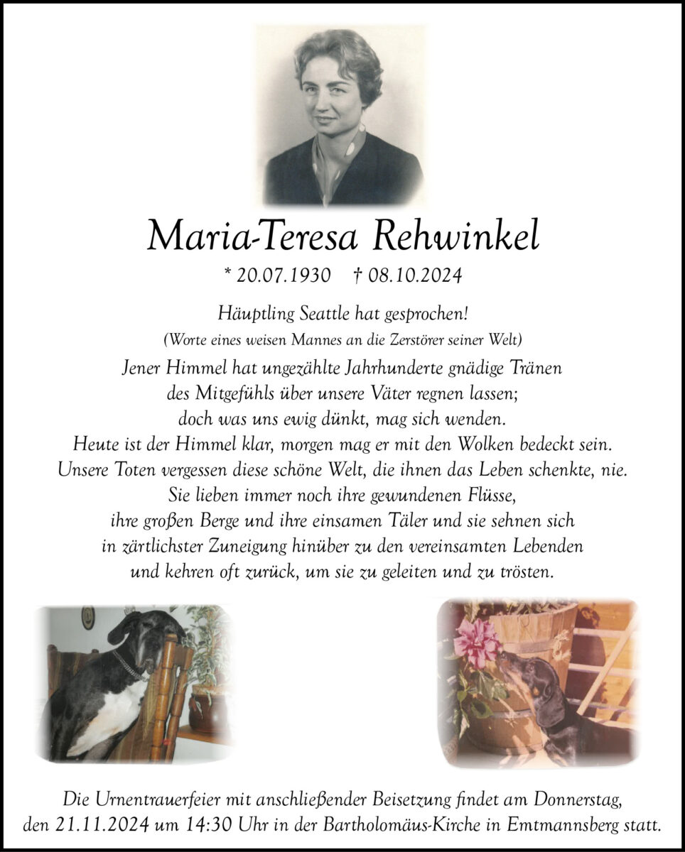 Traueranzeige Maria-Teresa Rehwinkel