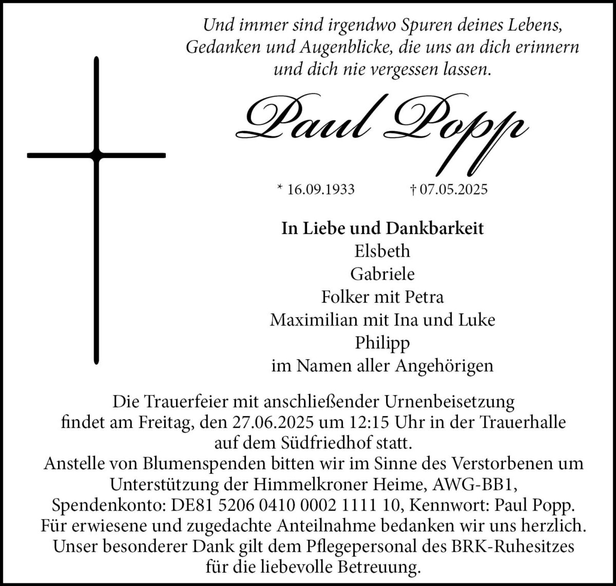 Paul Popp Traueranzeige