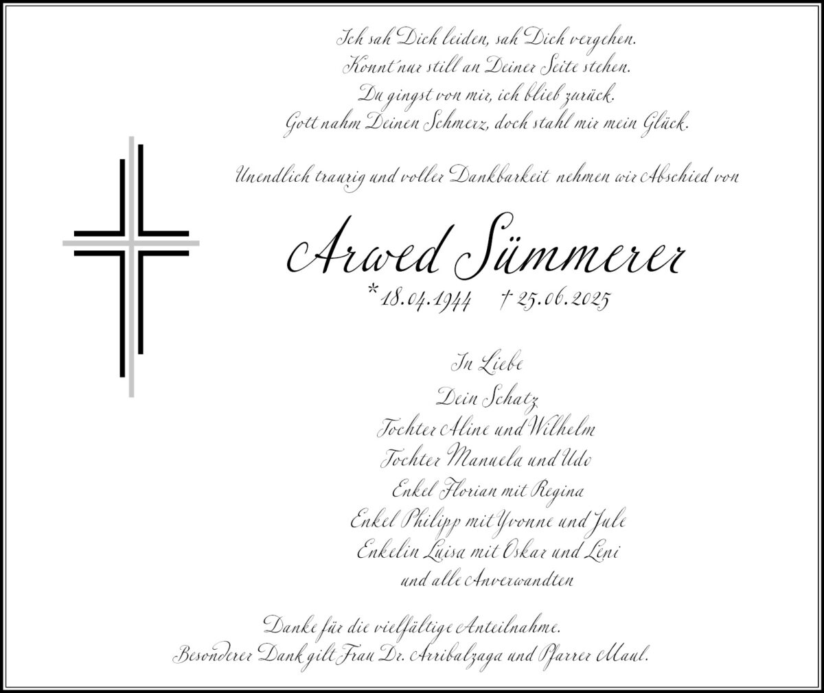 Traueranzeige Arwed Sümmerer