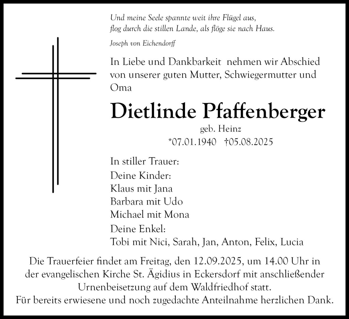 Dietlinde Pfaffenberger Traueranzeige