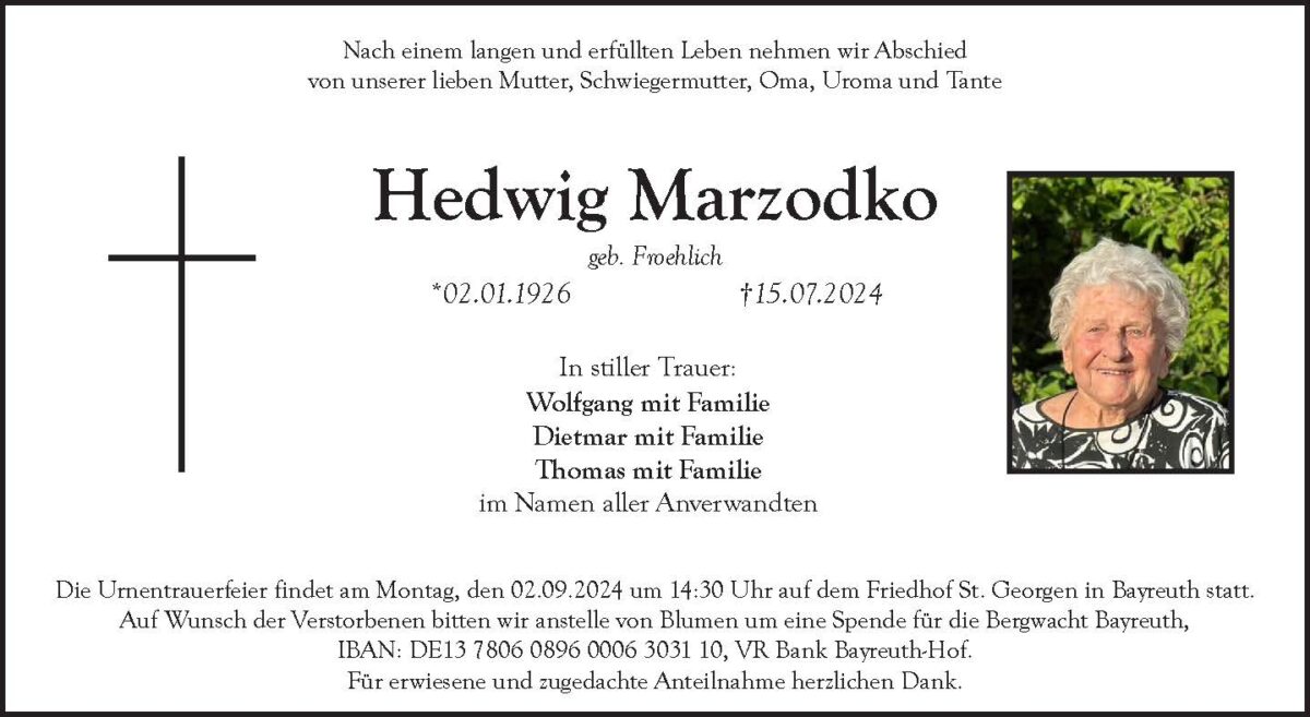 Hedwig Marzodko Traueranzeige