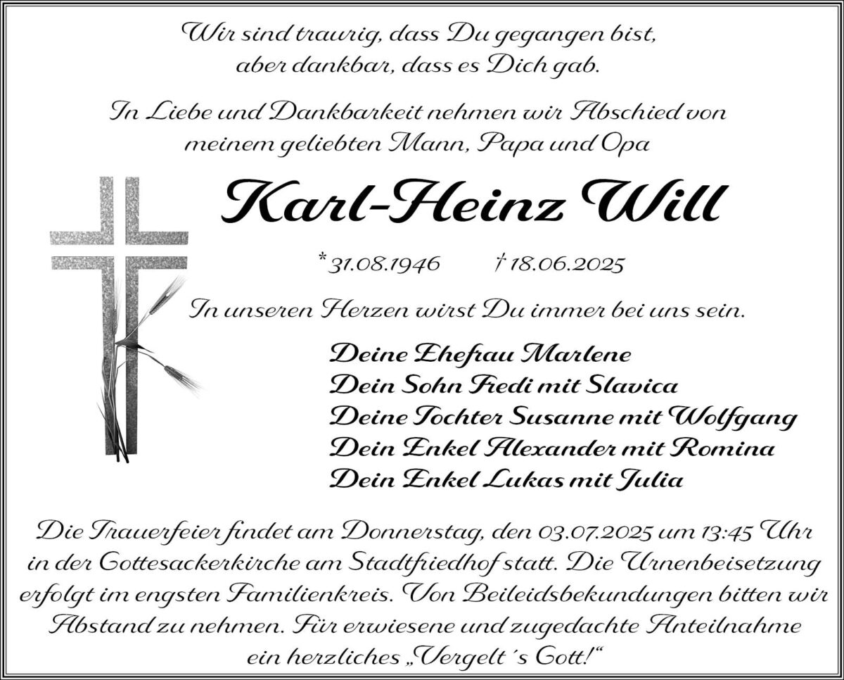 Karl-Heinz Will Traueranzeige