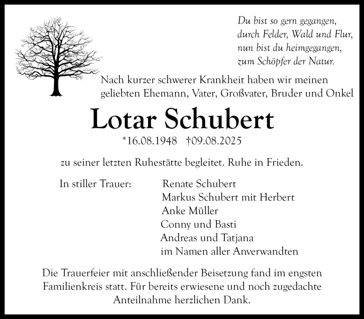 Lotar Schubert Traueranzeige