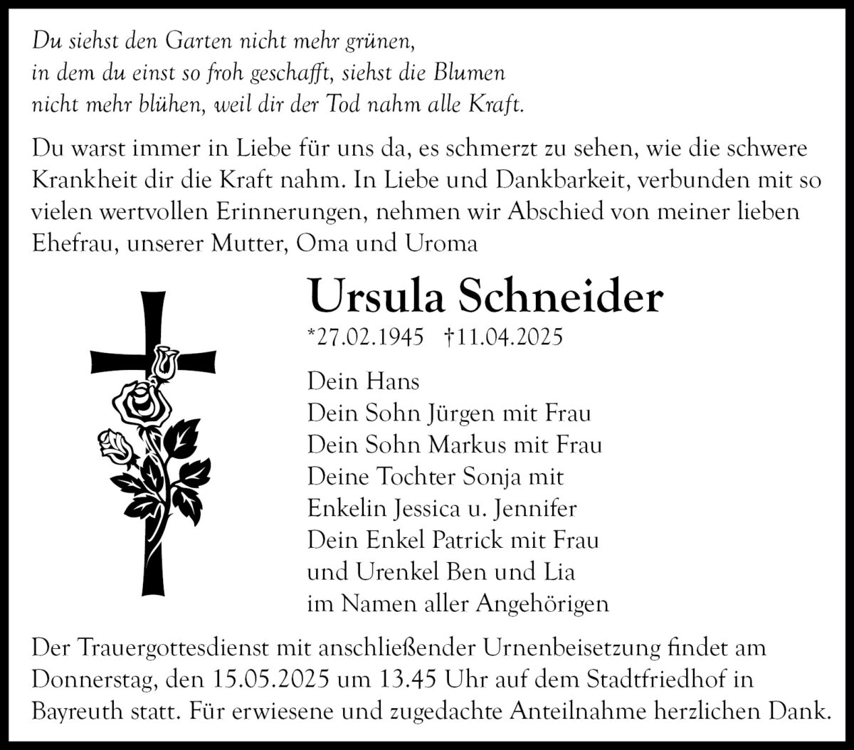 Ursula Schneider Traueranzeige