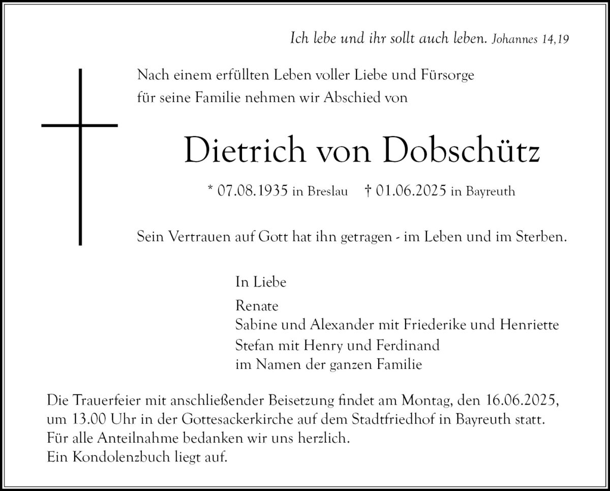 Traueranzeige Dietrich von Dobschütz